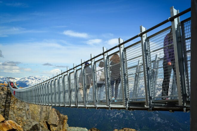 Visitors walking across the Whistler Peak Suspension Bridge with mountain views